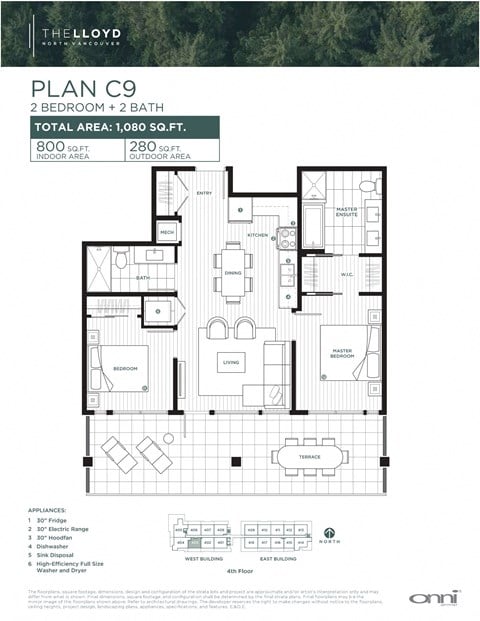 Floor plan for 2 beds, 2 baths, 803 sqft